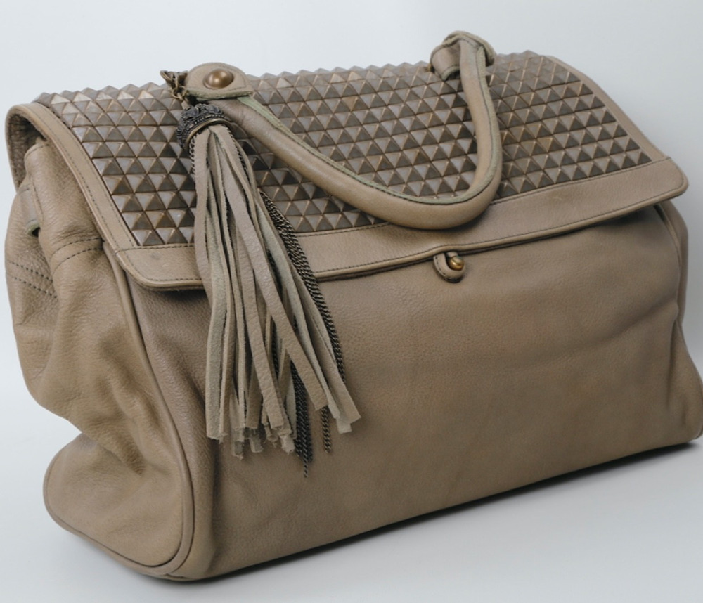 Cassandra Los Angeles Taupe Leather Pyramid Studded Satchel Bag Tassel Charm